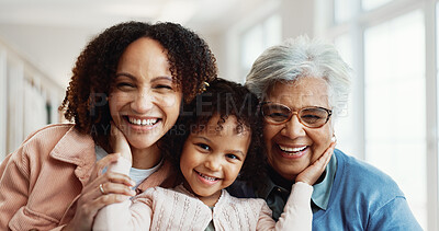 Buy stock photo Happy, portrait and child with grandmother and mother in home for bonding, love and weekend break. Smile, generations and girl kid with mom and senior person for safety in living room at house.