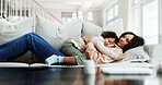 Mother, child and sleeping in house with sofa, comfortable or bonding together on calm weekend break. Woman, daughter and nap in living room with couch, family love and single parent relax with kid.