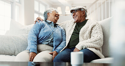 Buy stock photo Laughing, old couple and relax on sofa for love, bonding and funny together with healthy relationship. Man, woman and happiness in home, break or rest with comedy, retirement and care in living room