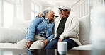 Laughing, old couple and relax on couch for love, bonding and funny together with healthy relationship. Man, woman and happiness in home, break or rest with joke, retirement and care in living room