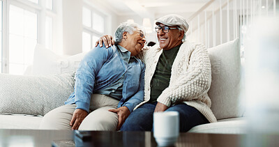 Buy stock photo Laughing, old couple and relax on couch for love, bonding and funny together with healthy relationship. Man, woman and happiness in home, break or rest with joke, retirement and care in living room