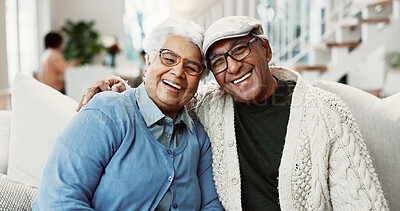 Buy stock photo Portrait, old couple and relax on sofa for love, bonding and together with healthy relationship. Man, woman and happiness in family home, break or rest with smile, retirement and care in living room