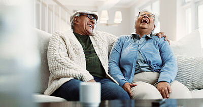 Buy stock photo Laughing, old couple and relax at house for love, bonding and funny together with healthy relationship. Man, woman and happiness in home, break or rest with comedy, retirement and care in living room