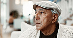 Thinking, relax and senior man on sofa in home with reflection, nostalgia or reminder of retirement. Serious, lonely and elderly person in living room for planning pension in apartment on weekend.