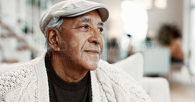 Buy stock photo Thinking, smile and senior man on sofa in home with reflection, nostalgia or reminder of retirement. Relax, memory and elderly person in living room for planning pension in apartment on weekend.
