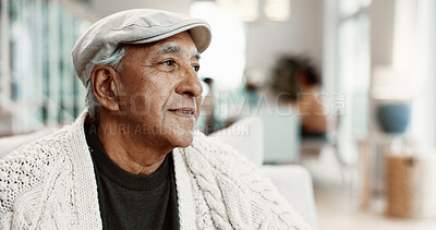 Buy stock photo Memory, smile and senior man on sofa in home with reflection, nostalgia or reminder of retirement. Thinking, relax and elderly person in living room for planning pension in apartment on weekend.