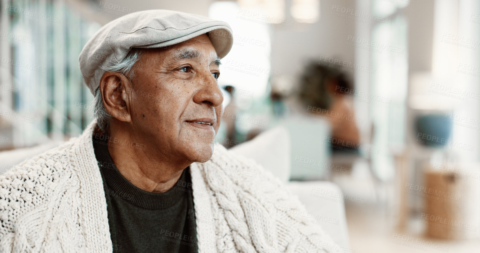 Buy stock photo Memory, smile and senior man on sofa in home with reflection, nostalgia or reminder of retirement. Thinking, relax and elderly person in living room for planning pension in apartment on weekend.