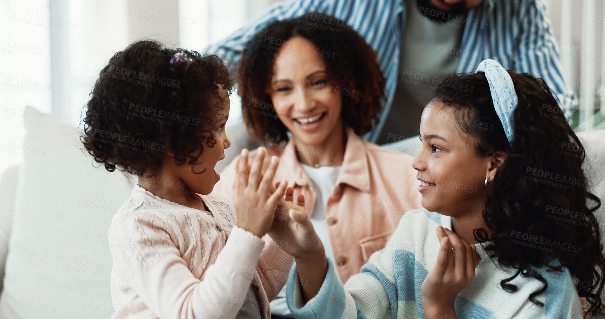 Buy stock photo Children, fun and clapping game in lounge, family connection or smile with parents on break in home. Siblings, love and bonding with happy woman, playing and kids with fine motor skills in house
