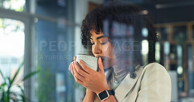 Buy stock photo Drinking, coffee and businesswoman on break in office, marketing manager or start day with hot drink. Morning, beverage and business person with tea cup, creative and relax with caffeine at work