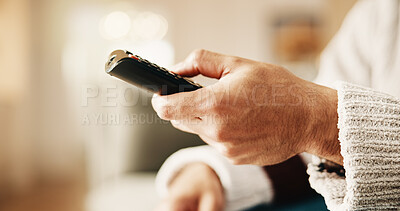 Buy stock photo Watch, movie and hand with remote control, home and channel surfing with technology or subscription. Streaming, space and person with controller for entertainment, browse and film selection in house