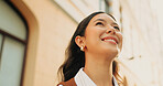 Thinking, happy and business woman in city for job opportunity, ambition and inspiration for career. Professional, town and person with reflection, idea and perspective for planning, future and smile