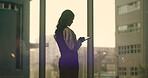 Tablet, window and businesswoman in office with contact, communication or finance networking. Digital technology, reading and financial manager with email feedback on investment proposal in workplace