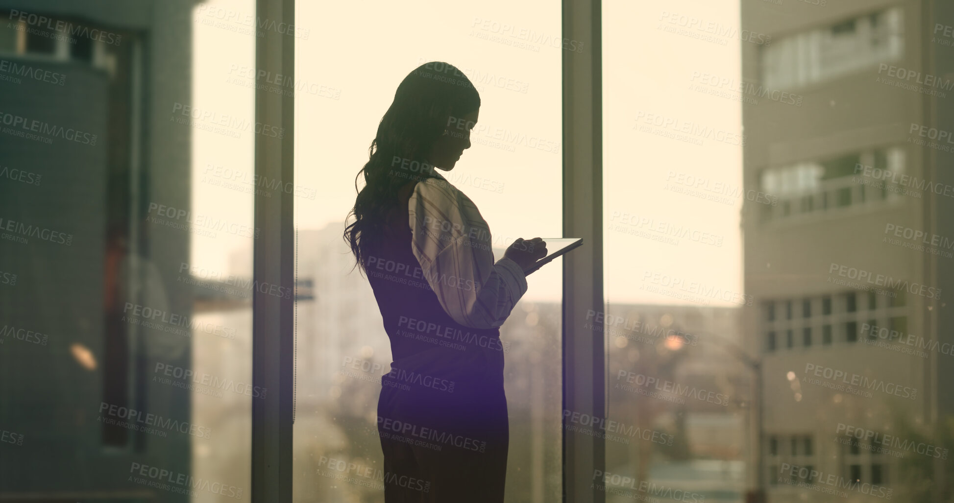 Buy stock photo Tablet, window and businesswoman in office with contact, communication or finance networking. Digital technology, reading and financial manager with email feedback on investment proposal in workplace