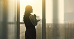 Thinking, business and woman in office with tablet, research and pricing ideas for real estate. Back, sunset and female realtor in workplace with digital, reflection and decision for property auction