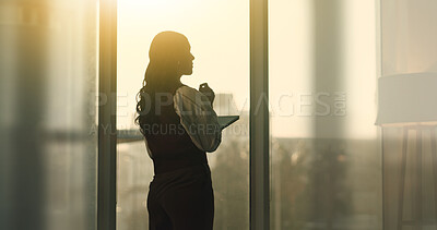 Buy stock photo Thinking, business and woman in office with tablet, research and pricing ideas for real estate. Back, sunset and female realtor in workplace with digital, reflection and decision for property auction
