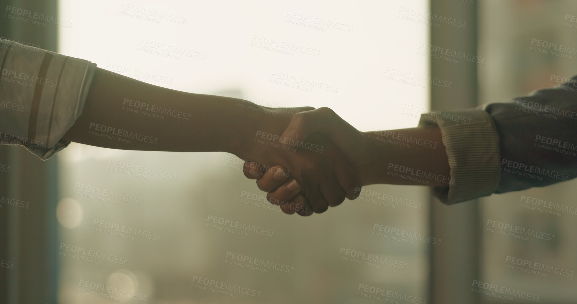Buy stock photo Handshake, office and business women for agreement, partnership and real estate negotiation. Realtor, meeting and people shaking hands for property investment, commercial deal and client greeting