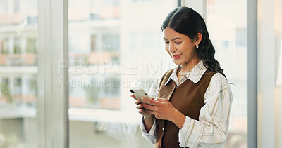 Buy stock photo Cellphone, contact and businesswoman in office with texting, communication or finance networking. Technology, happy and financial manager with phone for email feedback on investment in workplace.