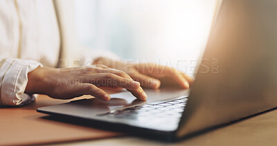 Buy stock photo Copywriter, typing and hands with laptop in business, research or planning for blog post on website. Email marketing, online and person with tech, copywriting and social media campaign in office