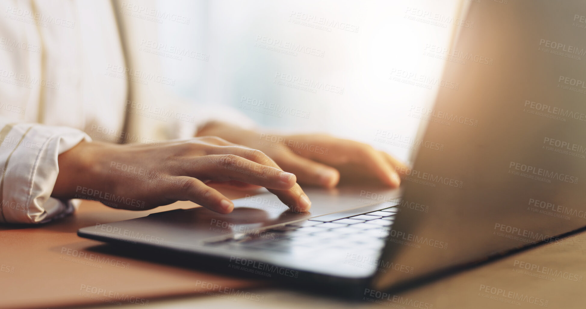 Buy stock photo Copywriter, typing and hands with laptop in business, research or planning for blog post on website. Email marketing, online and person with tech, copywriting and social media campaign in office