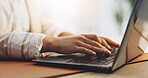 Copywriter, research and hands with laptop in business, typing or planning for blog post on website. Email marketing, online and person with tech, copywriting and social media campaign in office