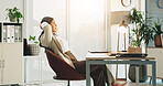 Financial advisor, stretching and businesswoman with laptop in office, relax or planning for project. Business, reflection and person with tech for research, wealth management and resting on break