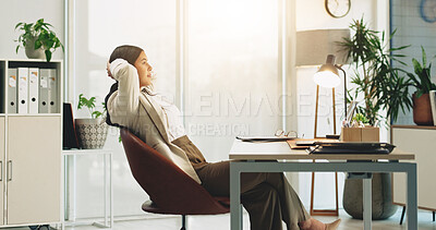 Buy stock photo Financial advisor, stretching and businesswoman with laptop in office, relax or planning for project. Business, reflection and person with tech for research, wealth management and resting on break