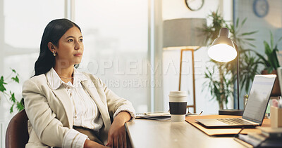 Buy stock photo Employee, thinking and woman with laptop in office, public relations or plan for media pitch on web. Business, publicist and person with technology for campaign, reflection and contemplating decision