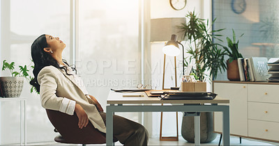 Buy stock photo Financial advisor, thinking and businesswoman with laptop in office, online or planning for project. Business, reflection and person with tech for research, wealth management and remembering idea