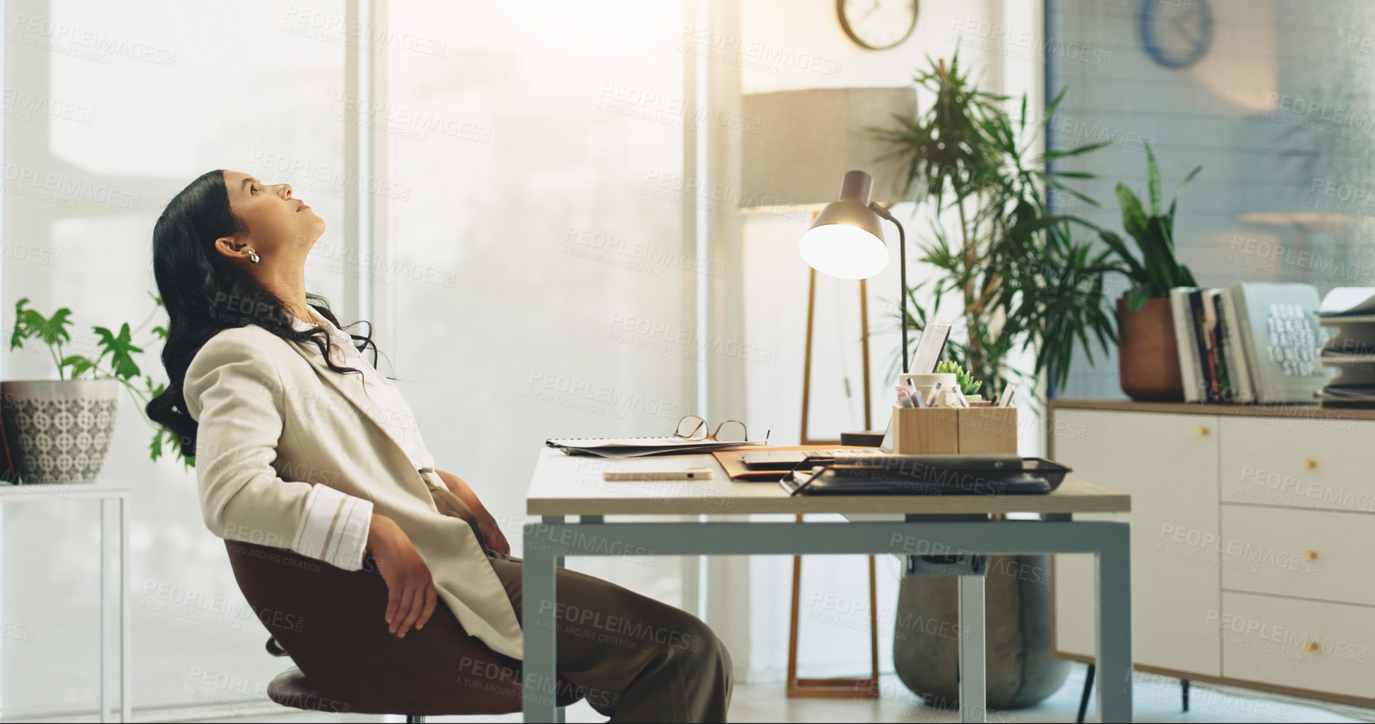 Buy stock photo Financial advisor, thinking and businesswoman with laptop in office, online or planning for project. Business, reflection and person with tech for research, wealth management and remembering idea
