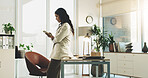 Phone, contact and businesswoman in office with texting, communication or finance networking. Technology, reading and financial manager with cellphone for email feedback on investment in workplace.