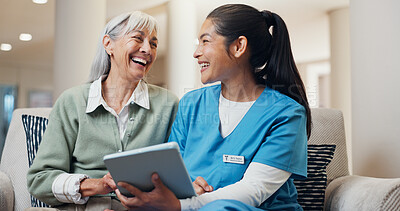 Buy stock photo Laugh, nurse and tablet with senior woman in retirement home for browsing, online bingo or funny video. Female caregiver, elderly person and digital tech for social media, news updates and apps