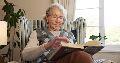Buy stock photo Relax, reading book and elderly woman on chair in retirement home for horticulture, hobby or tips. Senior person, education and guide in living room for learning, plant study or knowledge in house