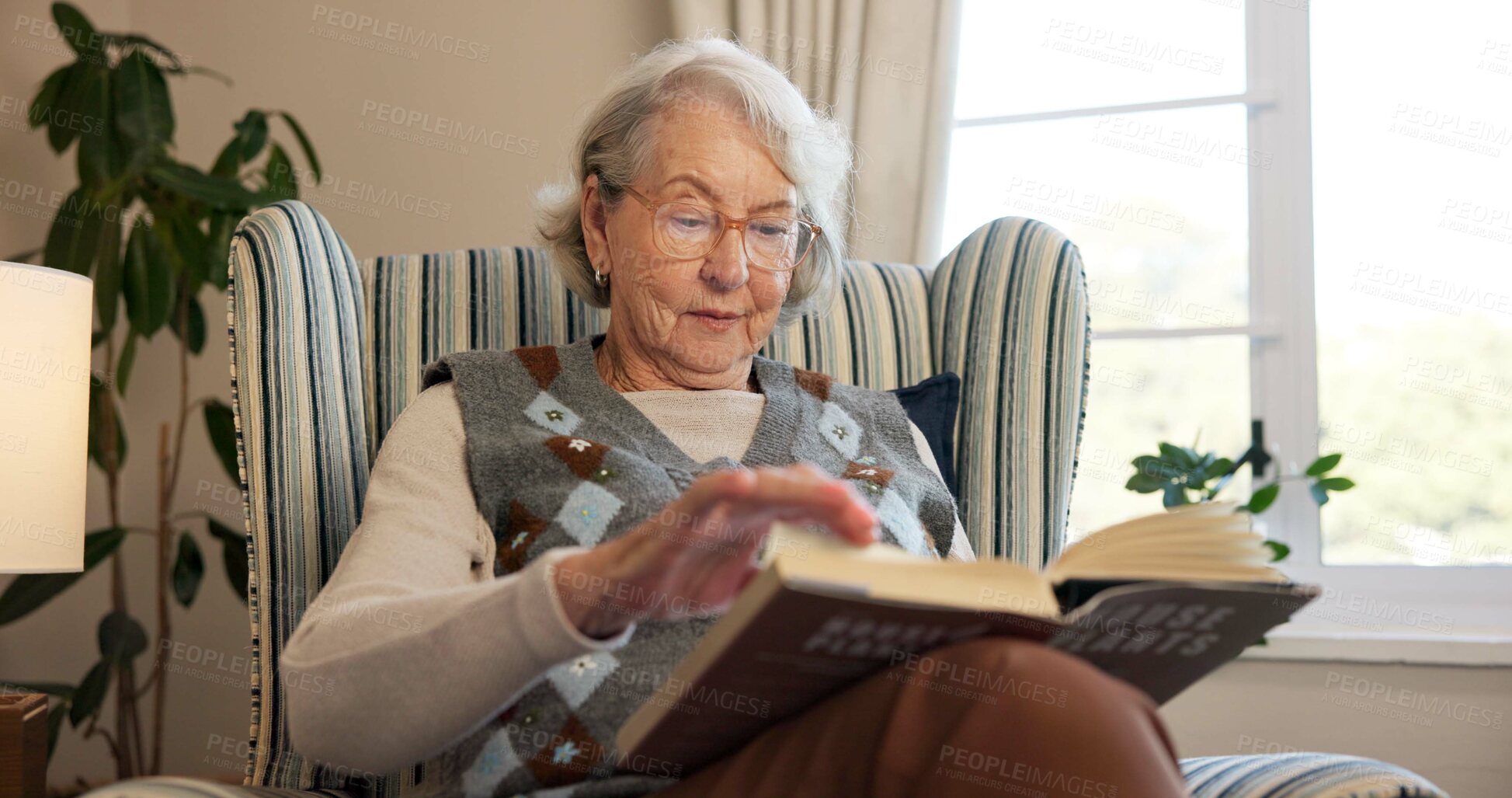Buy stock photo Relax, reading book and elderly woman on chair in retirement home for horticulture, hobby or tips. Senior person, education and guide in living room for learning, plant study or knowledge in house