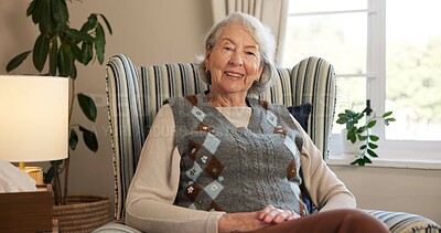 Buy stock photo Portrait, smile and senior woman in home to relax for retirement, positive attitude and optimism. Happy, elderly person and resting on chair for wellness, peace and calm at living room in Switzerland