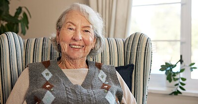 Buy stock photo Relax, smile and senior woman in home for retirement, contentment or optimism with portrait. Happy, elderly person and resting on chair for wellness, peace and calm at living room in Switzerland