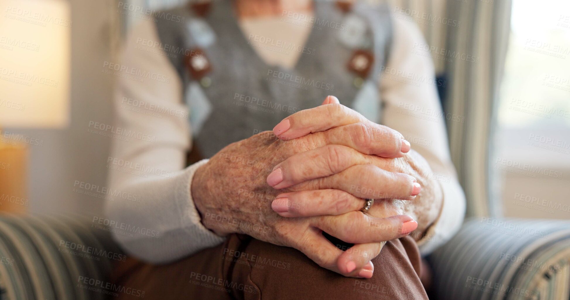Buy stock photo Couch, hands and senior woman in home for nostalgia, waiting and reflection in retirement. House, pensioner and elderly person with calm, break and relax for thoughtful, memory and rest for wellness