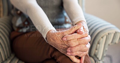 Buy stock photo Relax, hands and senior woman in home for nostalgia, idea and reflection in retirement. House, pensioner and elderly person with calm, break and rest for thoughtful, memory and peaceful for wellness