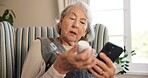 Retirement, pills or old woman in home with phone, care research or medication in health treatment. Medical, tech or senior person with bottle, dosage instruction or prescription guidance in recovery