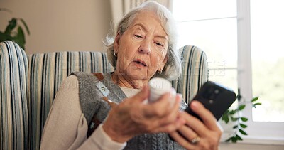 Buy stock photo Retirement, pills or old woman in home with phone, care research or medication in health treatment. Medical, tech or senior person with bottle, dosage instruction or prescription guidance in recovery