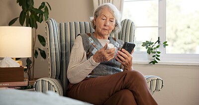 Buy stock photo Retirement, pills or old woman in house with phone, care research or medication in health treatment. Medical, tech or senior person with bottle, dose instruction or prescription guidance in recovery.