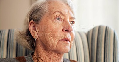 Buy stock photo Thinking, memory or old woman in house with regret, loss or remembering of past mistake. Mental health, reflection and elderly person in home with emotional thoughts, flashback or worry in retirement