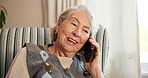 Phone call, smile and senior woman on chair in living room for discussion, gossip or communication. Technology, relax and elderly person in retirement home with tech for conversation and break