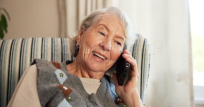 Buy stock photo Phone call, smile and senior woman on chair in living room for discussion, gossip or communication. Technology, relax and elderly person in retirement home with tech for conversation and break