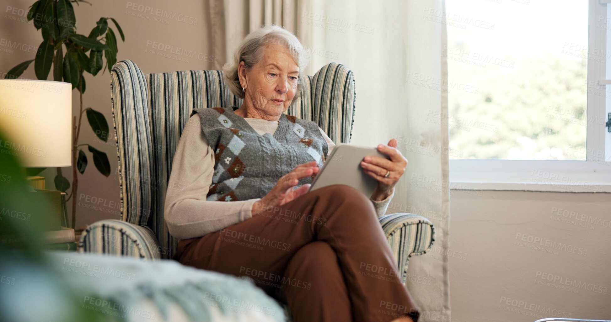 Buy stock photo Tablet, reading and senior woman on chair for online news, ebook or internet browsing. Retirement, old person or relax with digital tech in home for streaming subscription, puzzle or social media