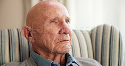 Buy stock photo Thinking, regret and senior man in house with memory, loss or remembering and past mistake. Mental health, reflection and elderly person with emotional thoughts, flashback and worry in retirement.
