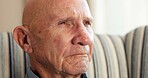 Thinking, regret and senior man in home with memory, loss or remembering and past mistake. Mental health, reflection and elderly person with emotional thoughts, flashback and worry in retirement.