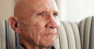 Buy stock photo Thinking, regret and senior man in home with memory, loss or remembering and past mistake. Mental health, reflection and elderly person with emotional thoughts, flashback and worry in retirement.