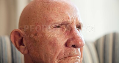 Buy stock photo Thinking, regret and elderly man in home with memory, loss or remembering of past mistake. Mental health, reflection and senior person with emotional thoughts, flashback and worry in retirement.