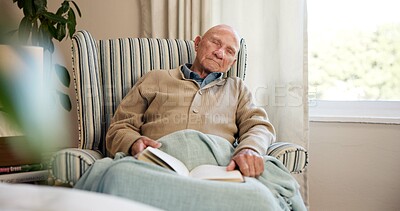 Buy stock photo Relax, book and old man in house with nap, peaceful rest and unwind with reading hobby. Retirement, sleeping or senior person on sofa with novel, calm moment or dreaming with literature activity.