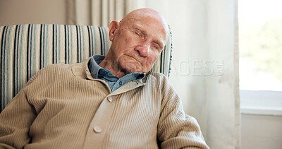 Buy stock photo Relax, sleeping and old man in lounge with chill, comfortable rest and unwind on weekend break. Fatigue, cozy and elderly person in home with nap, peaceful dreaming and calm moment in retirement.